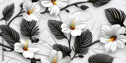 Seamless Elegant 3D Floral Wallpaper Design in White, Gold Flower, and Black Leaves with Sculpted Aesthetic on a Pristine Background. Seamless Tile Flower Wall Sticker