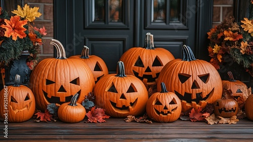 A group of carved pumpkins with jack-o'-lantern faces displayed on a porch, surrounded by colorful autumn leaves.