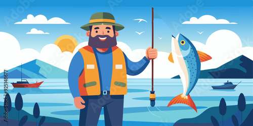 Happy fisherman stands against the backdrop of the sea and holds a fish that he has caught with a bait
