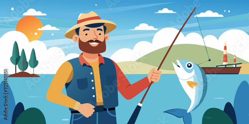 Happy fisherman stands against the backdrop of the sea and holds a fish that he has caught with a bait
