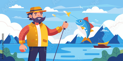 Happy fisherman stands against the backdrop of the sea and holds a fish that he has caught with a bait
