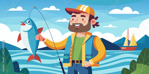 Happy fisherman stands against the backdrop of the sea and holds a fish that he has caught with a bait
