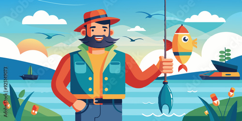 Happy fisherman stands against the backdrop of the sea and holds a fish that he has caught with a bait
