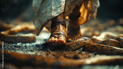 Close-up shot of a human foot wrapped in cloth cautiously stepping over a mass of snakes, evoking a sense of danger and survival in a wild environment. photo