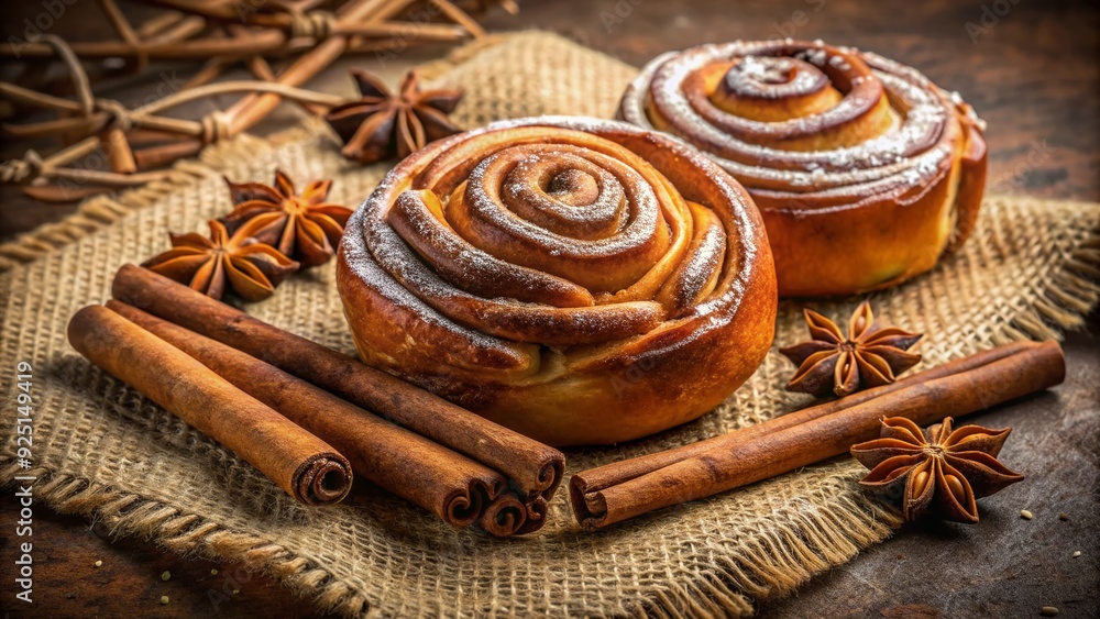 Warm and inviting still life of cinnamon sticks, anise, and a cinnamon roll on a textured background, evoking the comforting aromas of spicy baking and fragrant desserts. Warm and inviting still life of cinnamon sticks, anise, and a cinnamon roll on a textured background, evoking the comforting aromas of spicy baking and fragrant desserts.