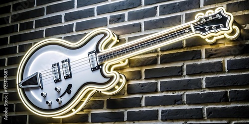 Neon musical guitar hanging on the wall photo