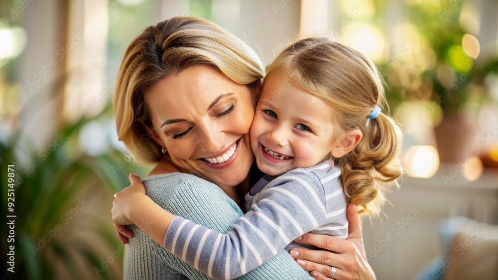 Warmly embracing, a smiling mother holds her adorable adopted child close, radiating love, joy, and gratitude in a tender, heartwarming family moment together. Warmly embracing, a smiling mother holds her adorable adopted child close, radiating love, joy, and gratitude in a tender, heartwarming family moment together.