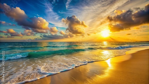 warm sunlight casts a golden glow on calm turquoise waves and soft, powdery white sand. photo