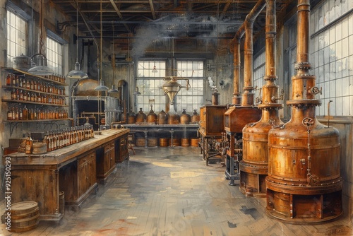 A vintage distillery showcasing aged copper distillation equipment and shelves filled with bottles, giving a historical and artisanal feel to the industrial space.