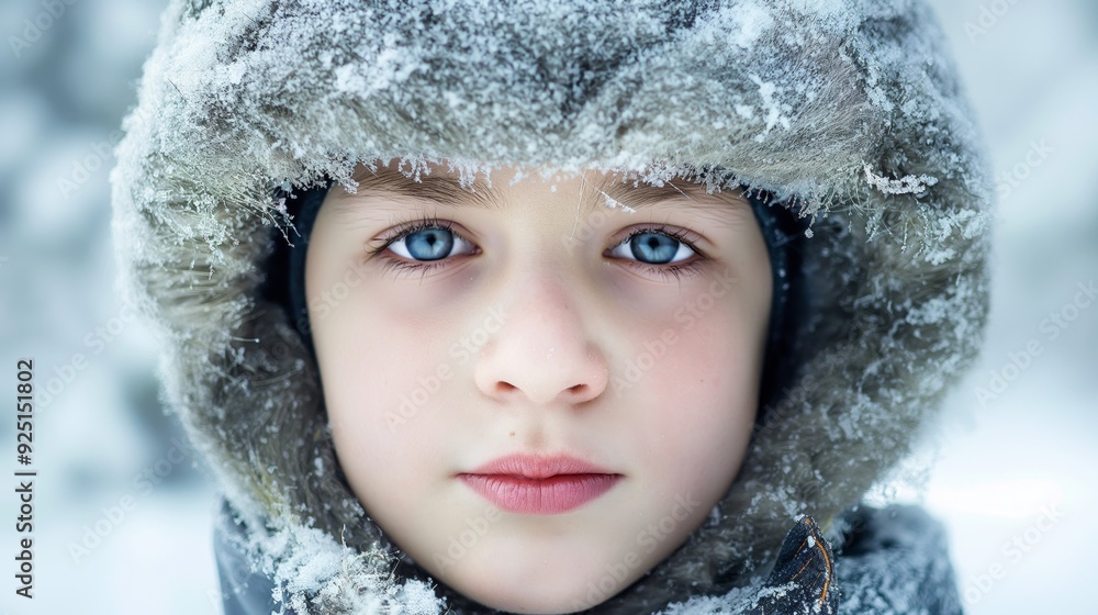 A child with blue eyes wearing a furry hooded jacket in a snowy environment, their face dusted with snowflakes, embodying winter's essence. A child with blue eyes wearing a furry hooded jacket in a snowy environment, their face dusted with snowflakes, embodying winter's essence.