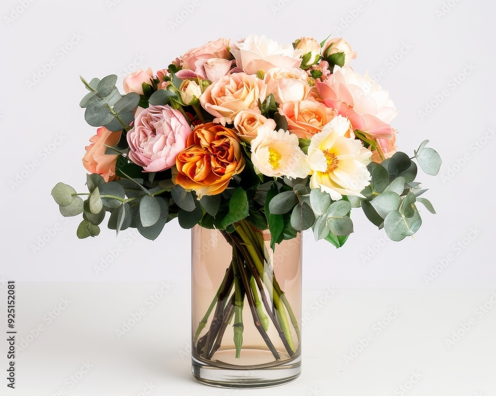 Naklejka premium A beautiful bouquet of peach, pink, and cream roses in a clear glass vase. The flowers are surrounded by eucalyptus leaves.