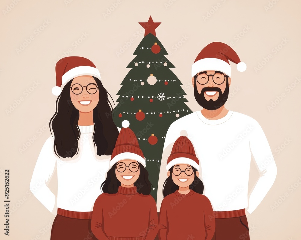 Fototapeta premium A cheerful family celebrates Christmas together, wearing Santa hats and standing in front of a decorated Christmas tree.