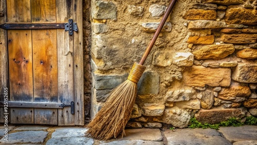 Wallpaper Mural Whimsical wooden broomstick with worn bristles and faded paint, leaning against a rustic stone wall, evoking a sense of magical adventure and nostalgic charm. Torontodigital.ca