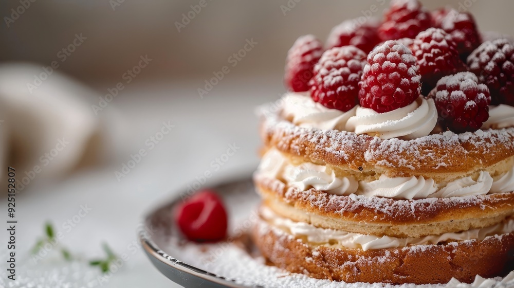 A close-up shot of a delicious layered cake topped with fresh raspberries and powdered sugar. A close-up shot of a delicious layered cake topped with fresh raspberries and powdered sugar.