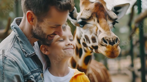 A father and his son smile at a giraffe at the zoo.