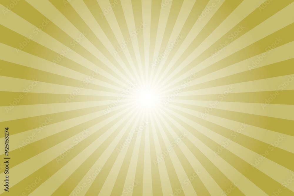 Fototapeta premium Brass dusky yellow background with white sun ray. Pattern of starburst. Abstract texture with light of sunburst. Radial beam of sunlight. Retro background with flash. Design of sunbeams. Vector.