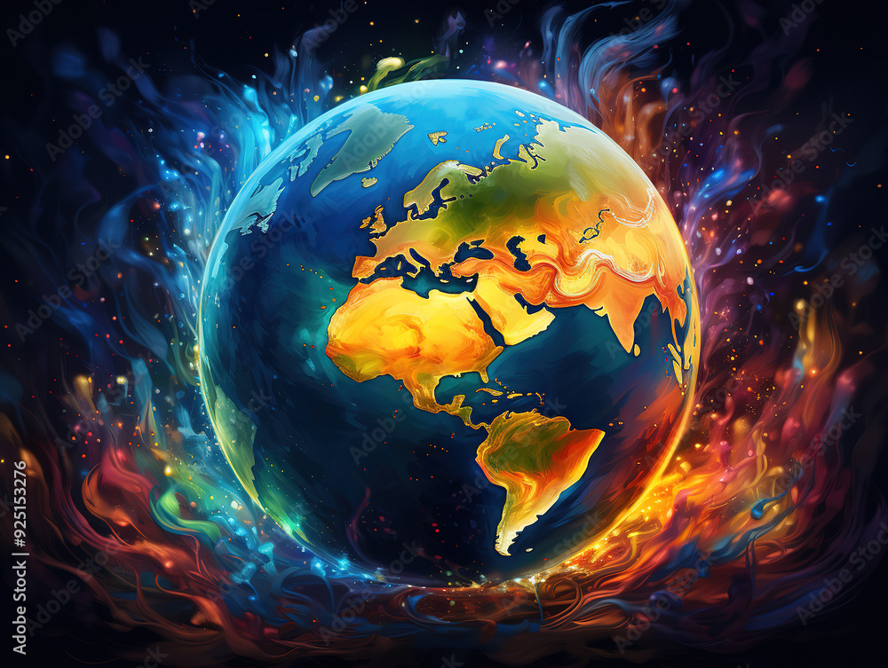 Obraz premium A planet with a colorful sky and a planet with a moon in the background