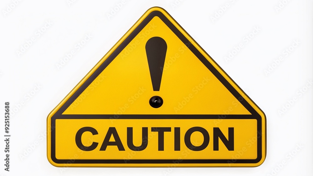 Yellow caution sign with black exclamation mark on a warning label, indicating caution or danger, isolated on a white background for safety awareness. Yellow caution sign with black exclamation mark on a warning label, indicating caution or danger, isolated on a white background for safety awareness.