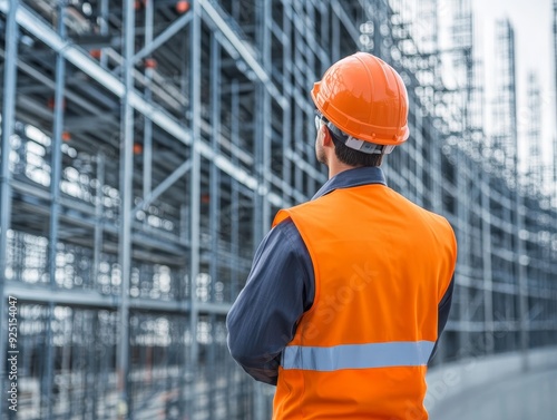 A construction worker evaluates the building site, wearing an orange safety vest and helmet amidst scaffolding.