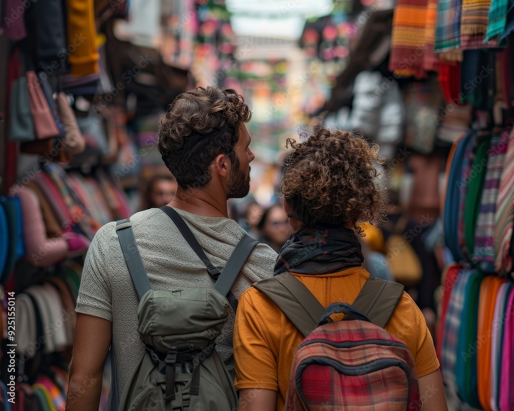 A couple exploring a vibrant market filled with colorful bags, enjoying shopping and the lively atmosphere. A couple exploring a vibrant market filled with colorful bags, enjoying shopping and the lively atmosphere.