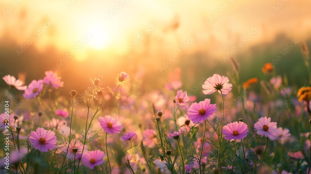 Fototapeta premium summer sunrise field of blooming pink meadow flow