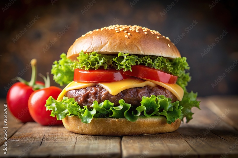 A mouthwatering healthy hamburger with fresh tomatoes crisp lettuce and gooey cheese showcased in a stunning forced perspective that creates an immersive visual experience A mouthwatering healthy hamburger with fresh tomatoes crisp lettuce and gooey cheese showcased in a stunning forced perspective that creates an immersive visual experience