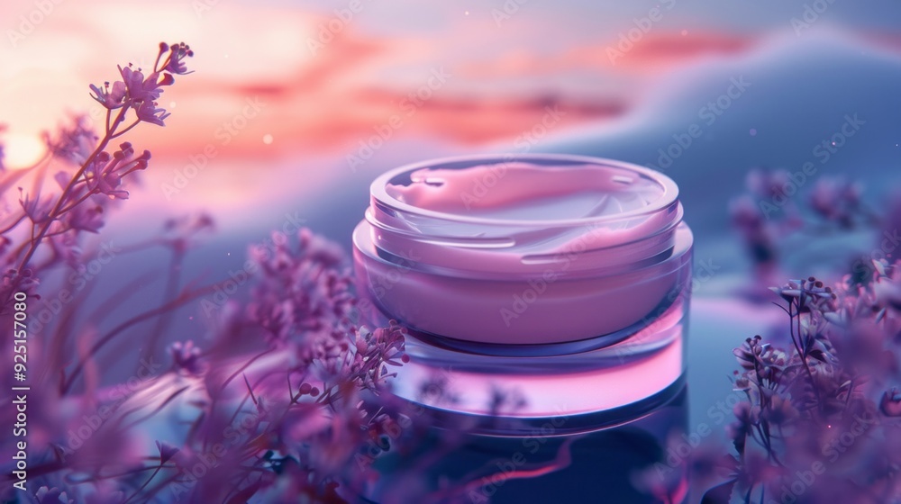 The soft evening light casts a warm hue over a luxurious cream jar surrounded by blooming lavender, creating a tranquil and enchanting atmosphere The soft evening light casts a warm hue over a luxurious cream jar surrounded by blooming lavender, creating a tranquil and enchanting atmosphere