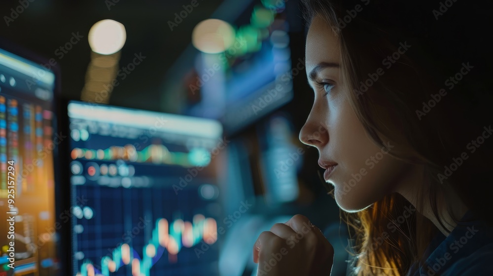Detailed macro shot of an unrecognizable woman looking at computer charts Detailed macro shot of an unrecognizable woman looking at computer charts
