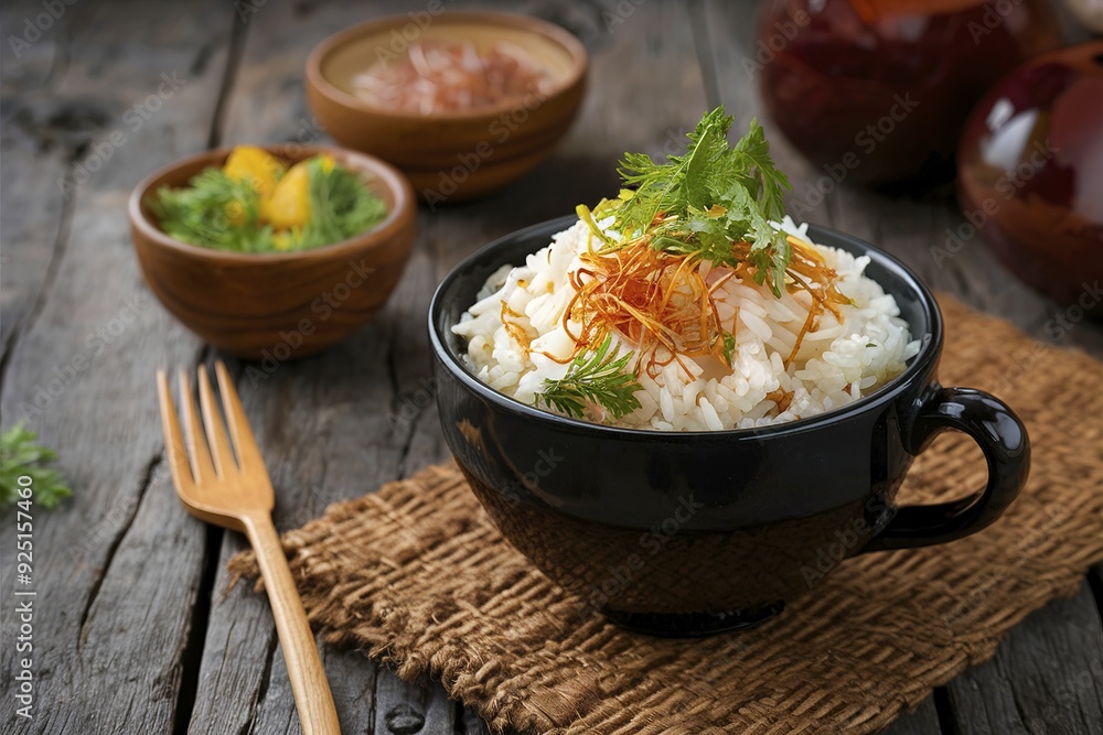 Selective focus on the prepared rice cup Selective focus on the prepared rice cup