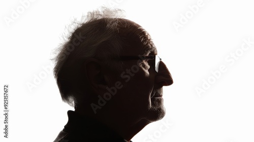 Old man's head silhouette in profile, isolated on white