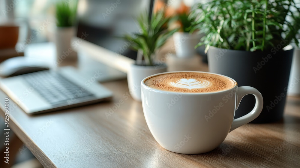 Latte coffee in a white cup, placed on a modern office desk, cozy and productive workspace with plants and computer, warm and inviting atmosphere, freshly brewed coffee, morning routine for creativity Latte coffee in a white cup, placed on a modern office desk, cozy and productive workspace with plants and computer, warm and inviting atmosphere, freshly brewed coffee, morning routine for creativity