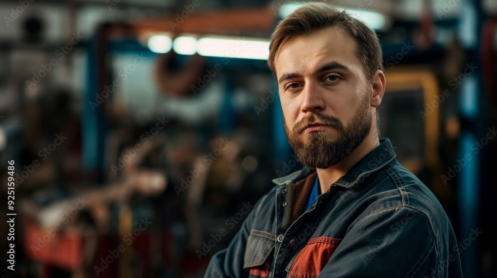 A focused mechanic stands confidently in a busy workshop surrounded by various tools and machinery, ready to handle complex repair tasks. A focused mechanic stands confidently in a busy workshop surrounded by various tools and machinery, ready to handle complex repair tasks.