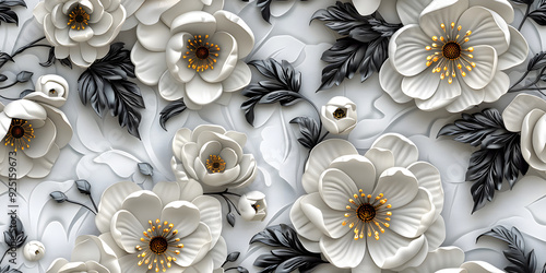 Seamless Elegant 3D Floral Wallpaper Design in White, Gold Flower, and Black Leaves with Sculpted Aesthetic on a Pristine Background. Seamless Tile Flower Wall Sticker