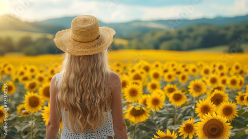 Woman standing with back in sunflower field photo