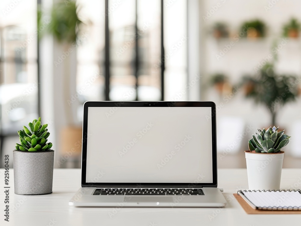 A laptop with a blank screen sits on a clean desk with plants and a notepad. A laptop with a blank screen sits on a clean desk with plants and a notepad.