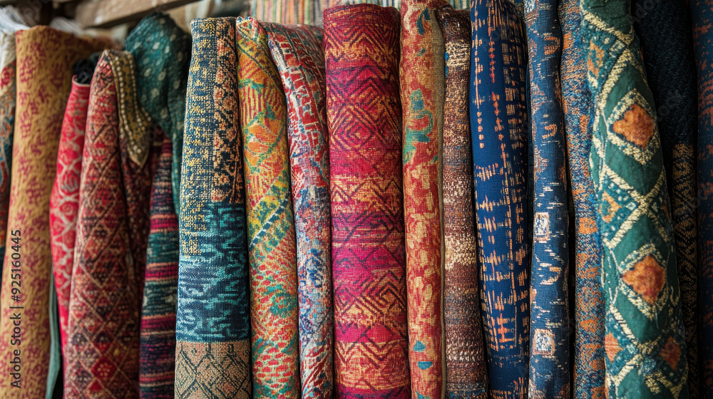 Cultural exchange through textiles, featuring diverse patterns and weaves from different countries Cultural exchange through textiles, featuring diverse patterns and weaves from different countries