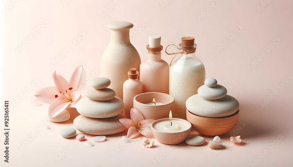 cosmetics product display, skin care, vials and oils, spa accessories, candles, herbs and stones, on a soft pastel background cosmetics product display, skin care, vials and oils, spa accessories, candles, herbs and stones, on a soft pastel background