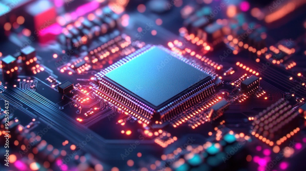Close-up of a Computer Chip with Glowing Circuits Close-up of a Computer Chip with Glowing Circuits