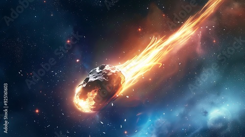 A flaming asteroid hurtles through space leaving a fiery trail. photo