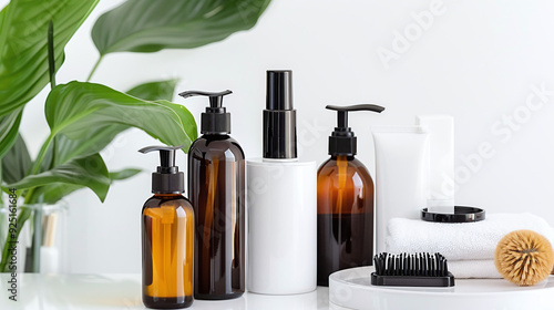 luxury pet grooming products, including shampoos, brushes, and pet-safe perfumes, arranged on a clean white counter.