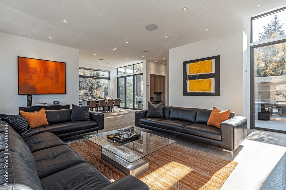 Sleek contemporary living room with large windows and stylish decor in a modern home Sleek contemporary living room with large windows and stylish decor in a modern home