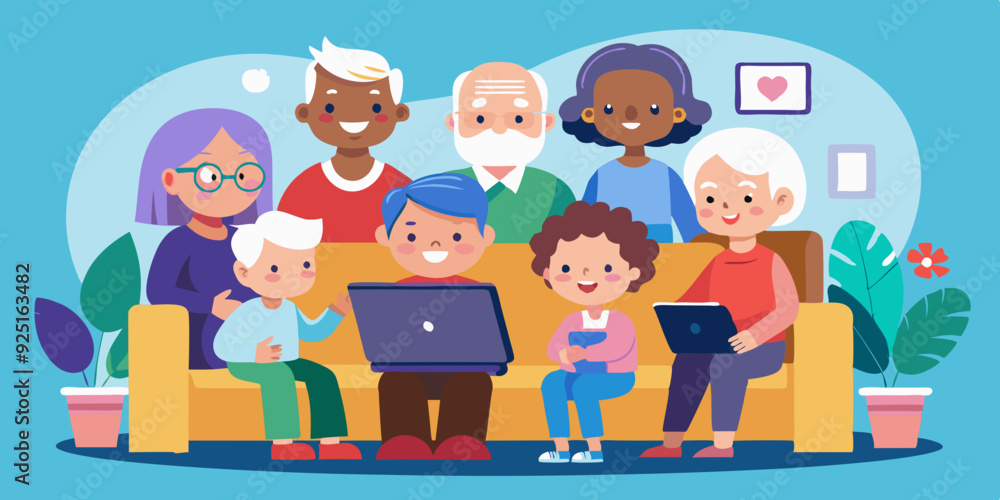 Seniors use the tablet while sitting on the couch. Communication with children and grandchildren by video call
Seniors use the tablet while sitting on the couch. Communication with children and grandchildren by video call