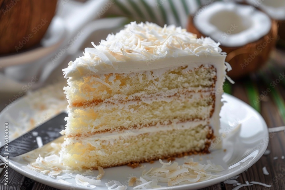 Coconut cake slice with white frosting and coconut flakes on white plate with coconut in background Coconut cake slice with white frosting and coconut flakes on white plate with coconut in background