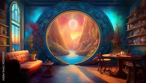 Portal to Another Dimension in a Mundane Setting- A normal setting of a living room or a coffee shop,with a portal to a fantastical dimension opening up on one side 