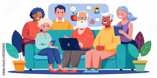 Seniors use the tablet while sitting on the couch. Communication with children and grandchildren by video call
