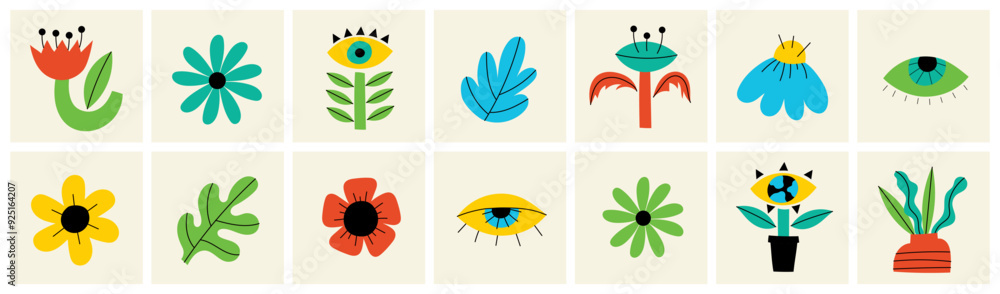Set of psychedelic hippie flowers with eyes in squares. Retro groove flowers with eyes. hand drawn floral elements, vector texture shapes. Set of psychedelic hippie flowers with eyes in squares. Retro groove flowers with eyes. hand drawn floral elements, vector texture shapes.