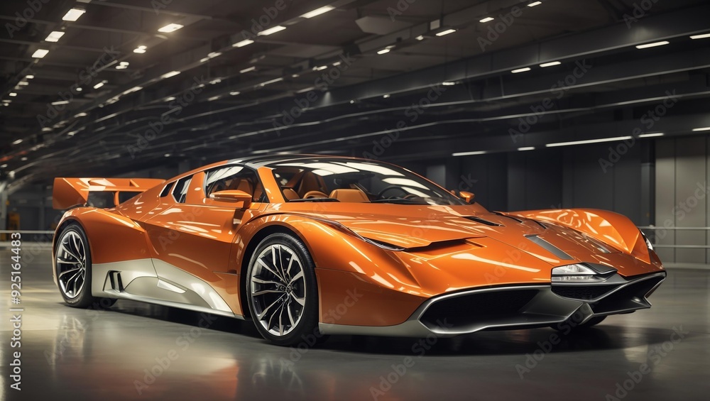 Orange sports car in garage. Orange sports car in garage.