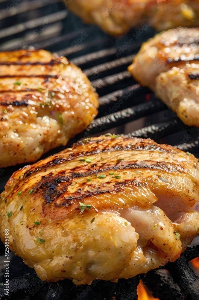 Juicy Grilled Chicken Breasts Sizzling on Open Flame Barbecue Grill Juicy Grilled Chicken Breasts Sizzling on Open Flame Barbecue Grill