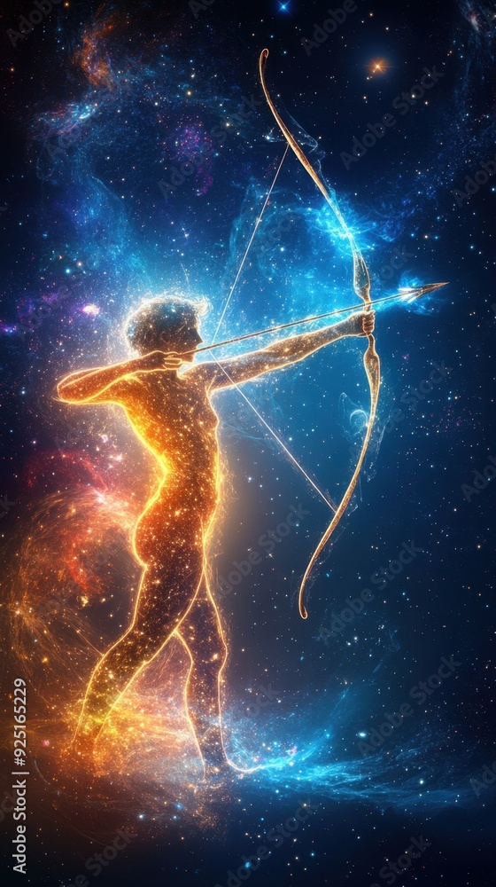 Sagittarius aiming a bow made of stars, with galaxies swirling in the background Sagittarius aiming a bow made of stars, with galaxies swirling in the background