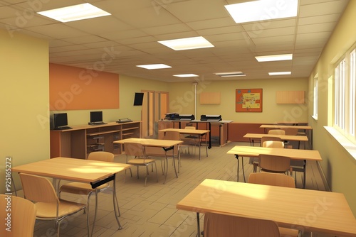 Empty Classroom Interior Design With Tables And Chairs